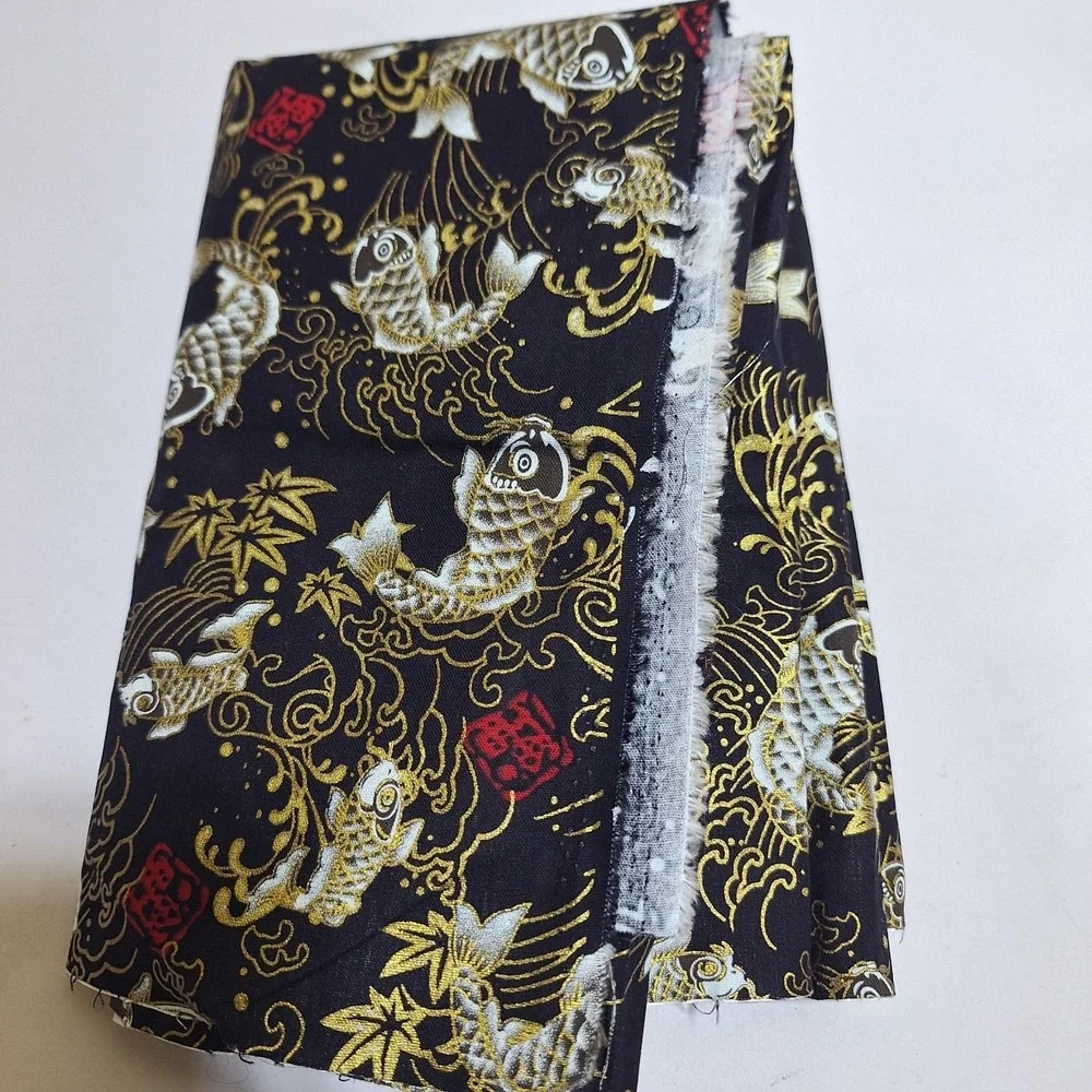 Black Gold Koi Fish Adhesive Fabric Lot 2 Fusible Iron-On Craft Pieces 29x14.5